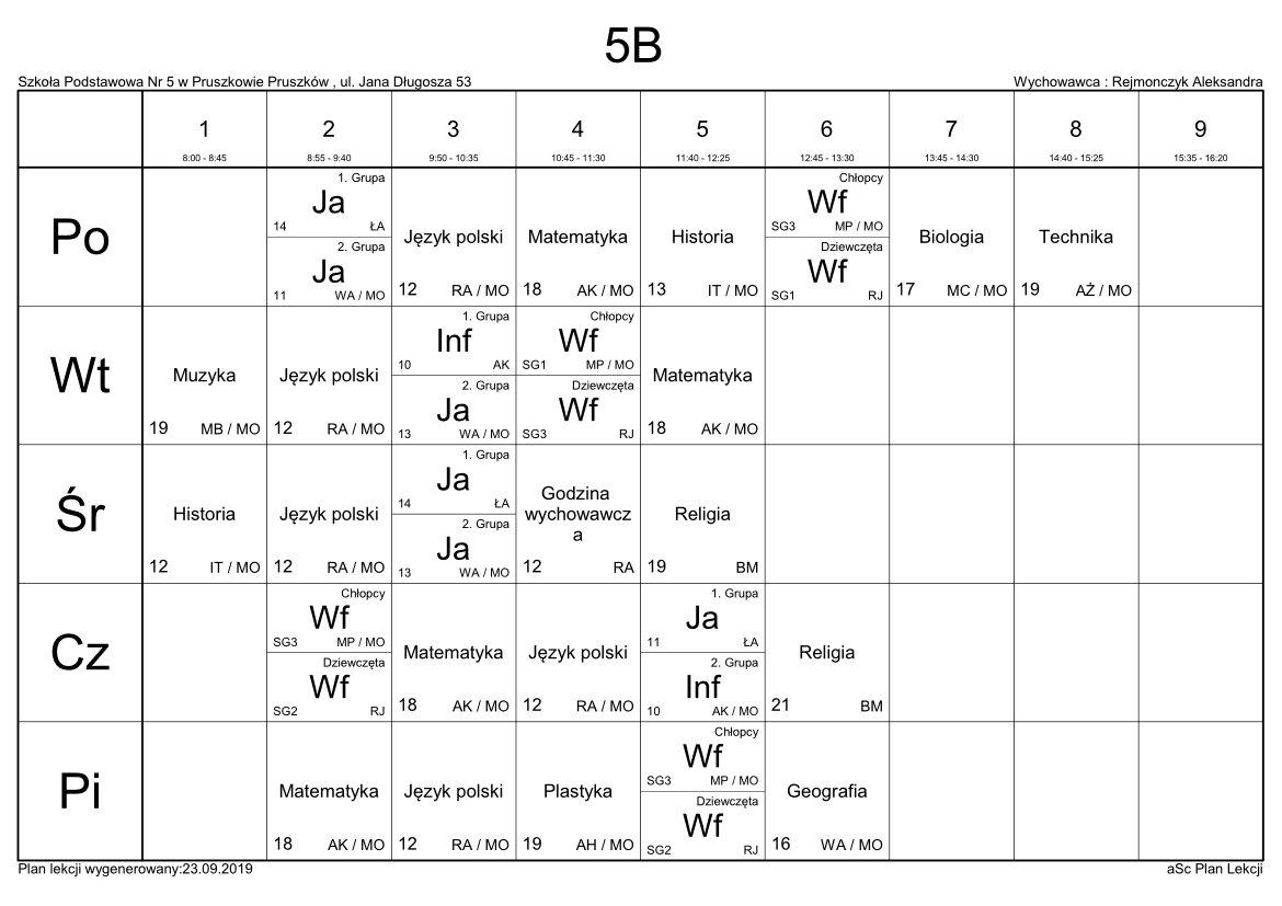 Plan Lekcji | Szkoła Podstawowa nr 5 w Pruszkowie