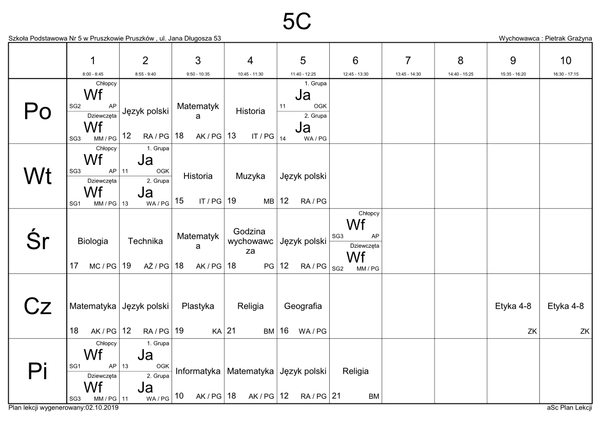 Plan Lekcji | Szkoła Podstawowa nr 5 w Pruszkowie