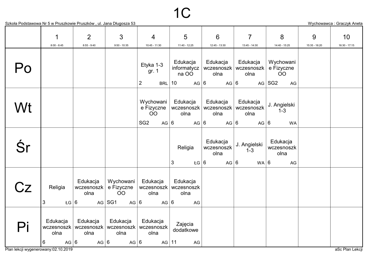 Plan Lekcji | Szkoła Podstawowa nr 5 w Pruszkowie