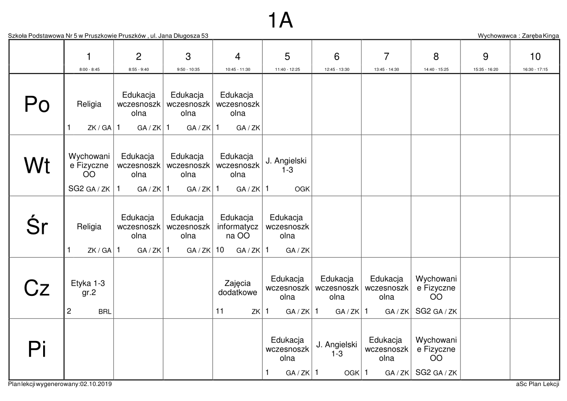 Plan Lekcji | Szkoła Podstawowa nr 5 w Pruszkowie