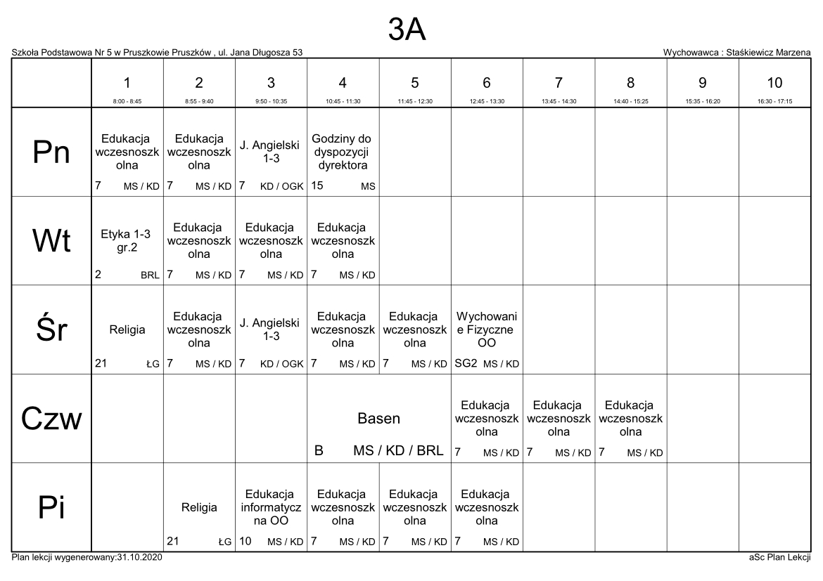 Plan Lekcji | Szkoła Podstawowa nr 5 w Pruszkowie