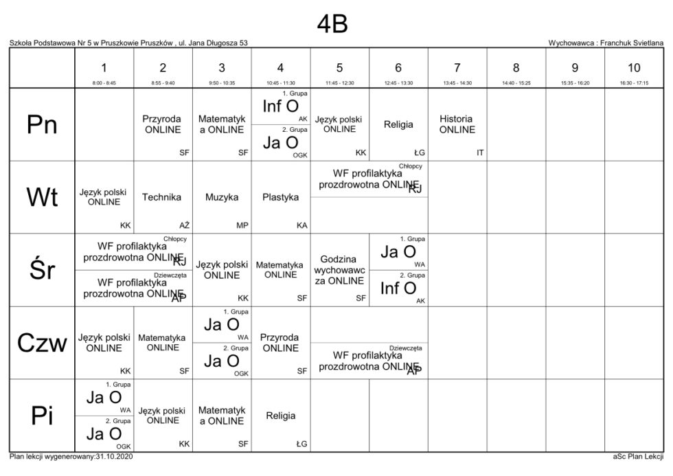 Szkola Podstawowanr5 Chorzow Plan Lekcji 4b www.sp5pruszkow.pl