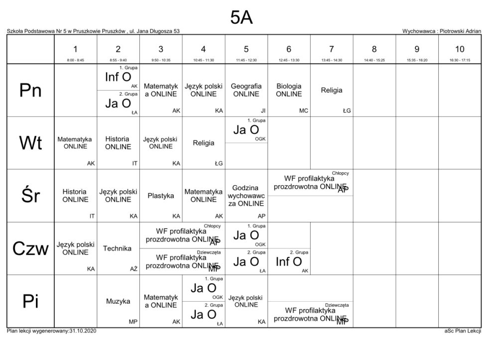 Plan Lekcji | Szkoła Podstawowa nr 5 w Pruszkowie