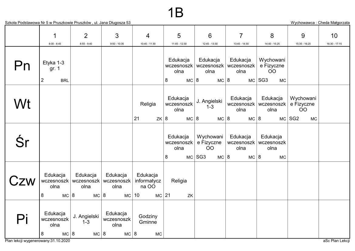 Plan Lekcji | Szkoła Podstawowa nr 5 w Pruszkowie