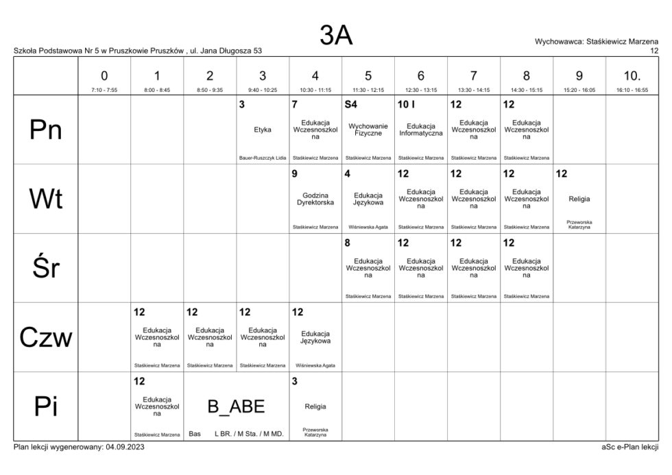 Plan Lekcji | Szkoła Podstawowa nr 5 w Pruszkowie