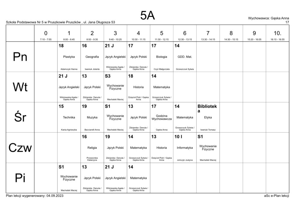 Plan Lekcji | Szkoła Podstawowa nr 5 w Pruszkowie