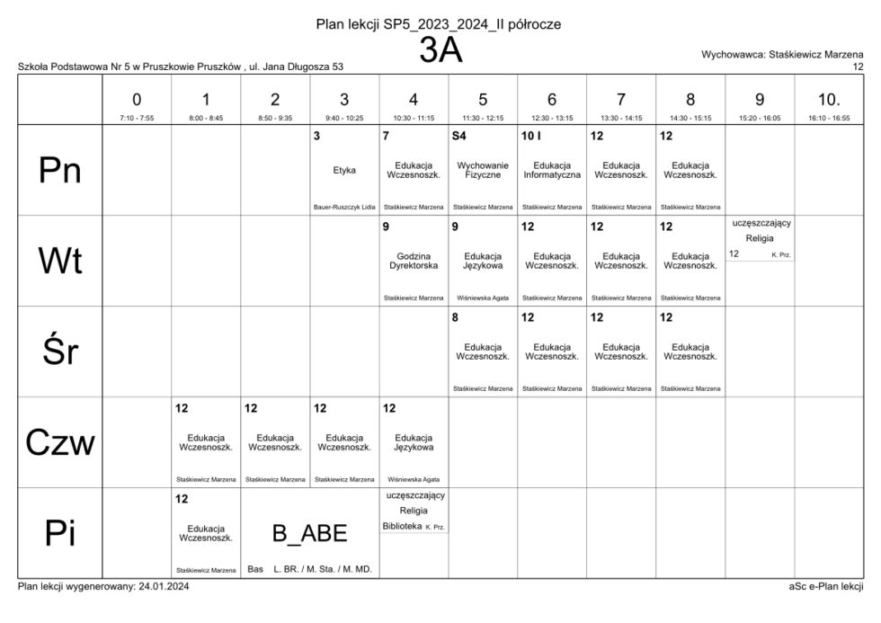 Plan Lekcji | Szkoła Podstawowa nr 5 w Pruszkowie