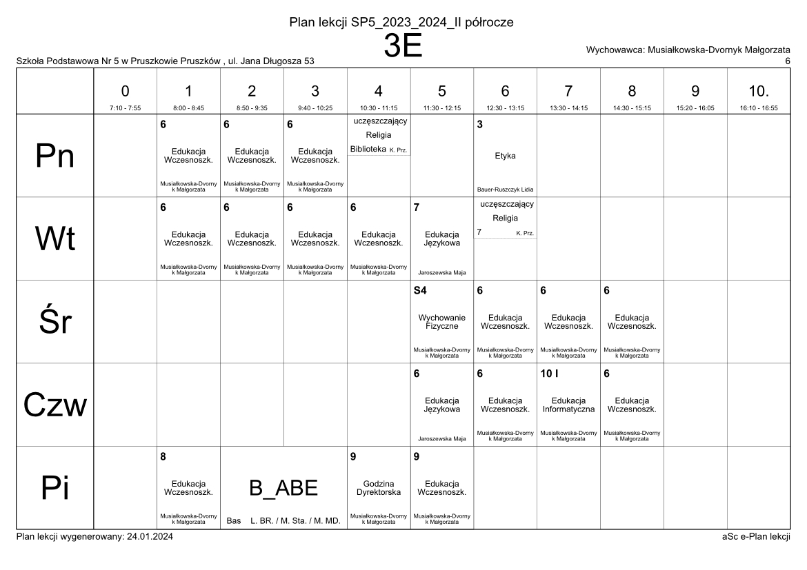 Plan Lekcji | Szkoła Podstawowa nr 5 w Pruszkowie