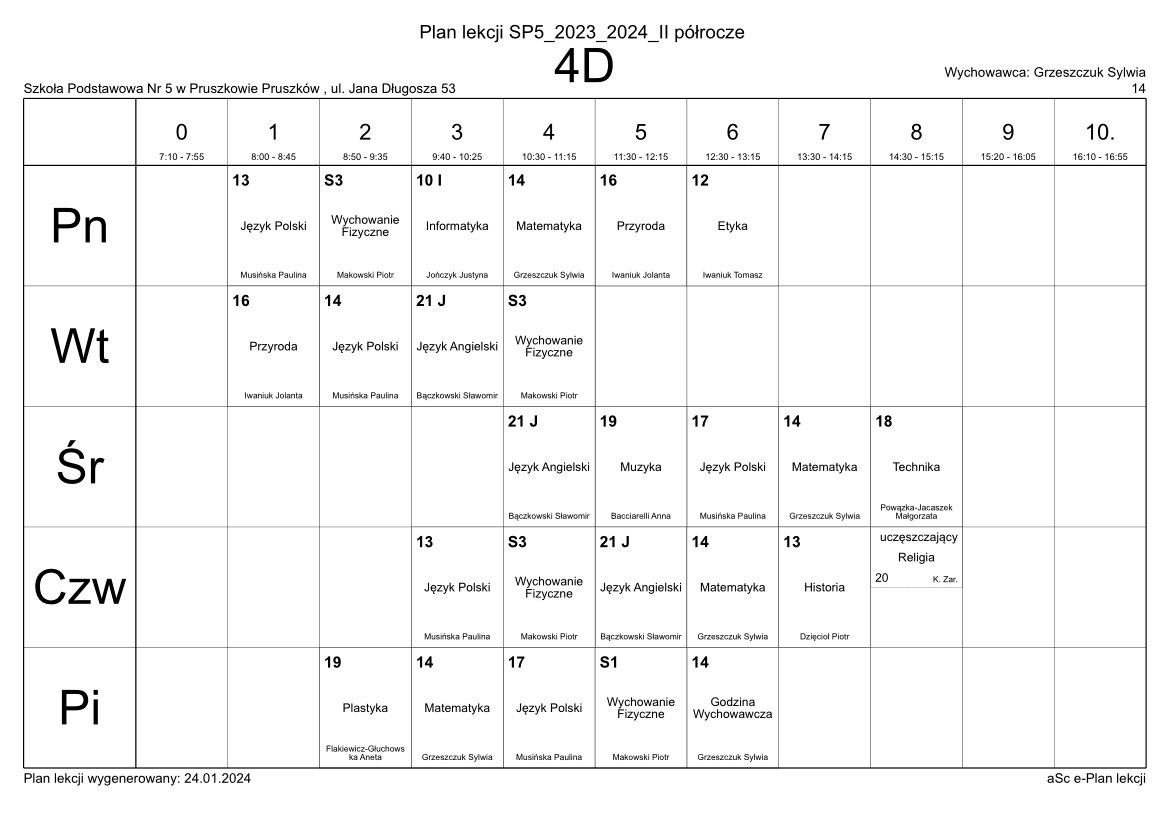 Plan Lekcji | Szkoła Podstawowa nr 5 w Pruszkowie