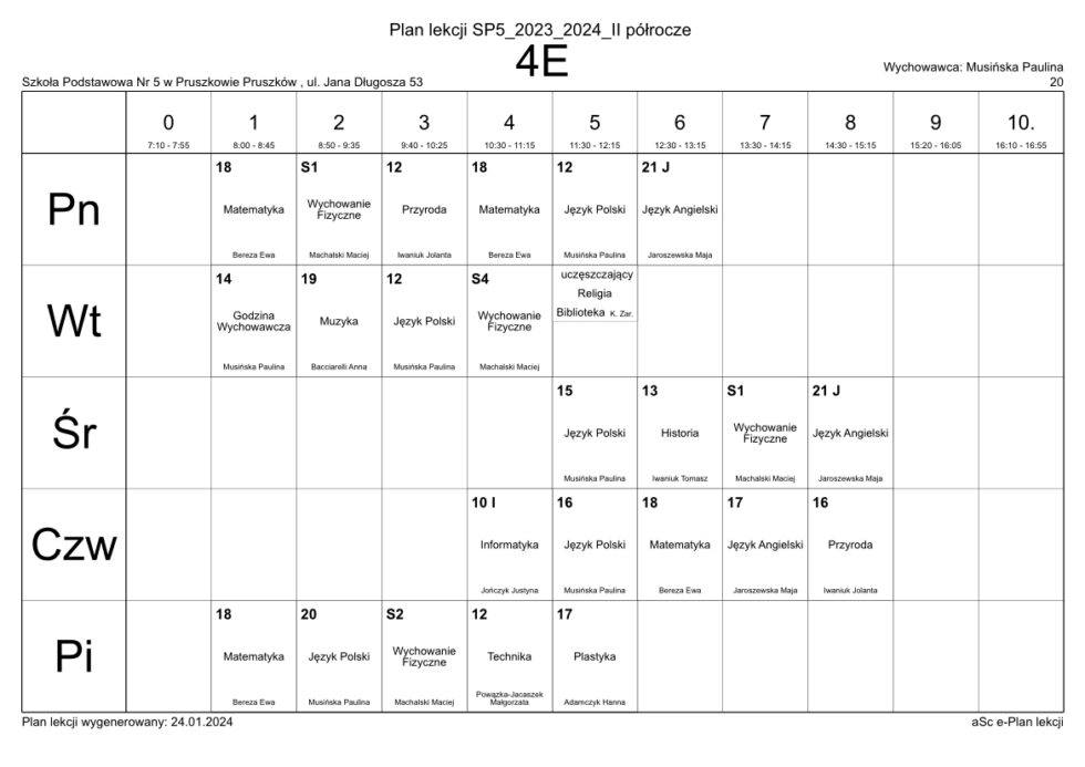 Plan Lekcji | Szkoła Podstawowa nr 5 w Pruszkowie