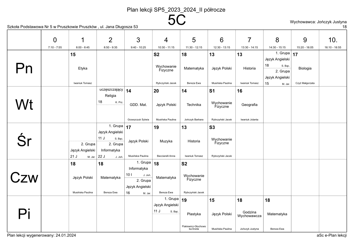 Plan Lekcji | Szkoła Podstawowa nr 5 w Pruszkowie