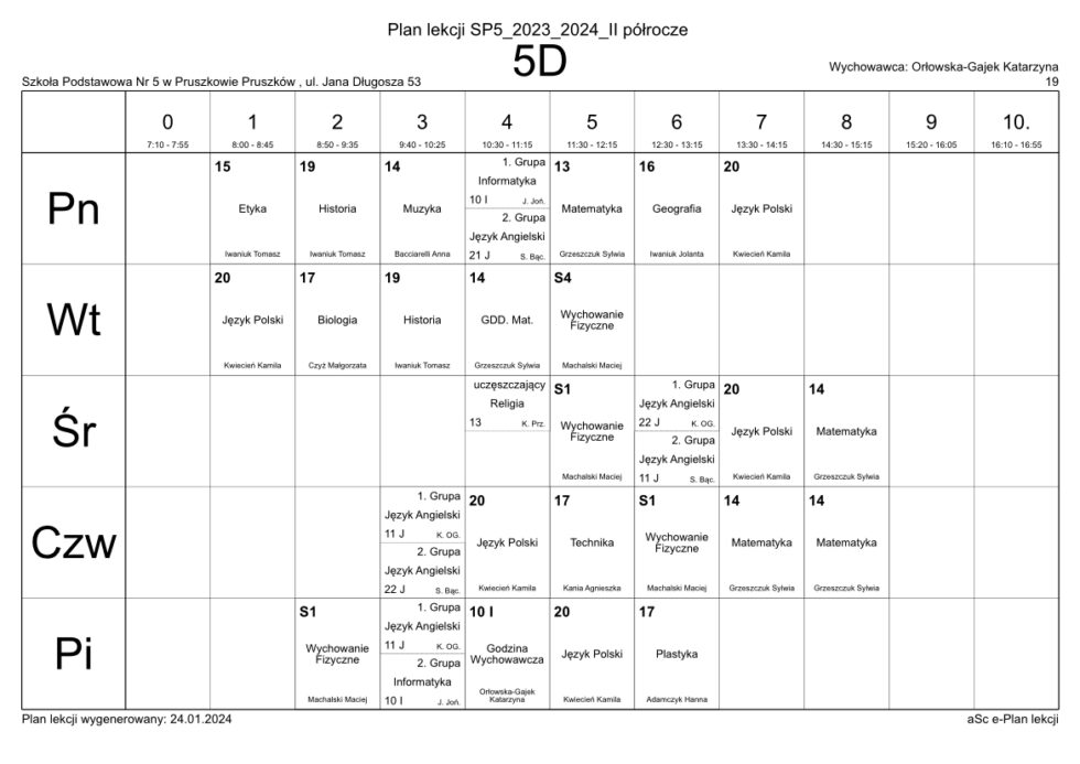 Plan Lekcji Szkoła Podstawowa Paderewskiego www.sp5pruszkow.pl