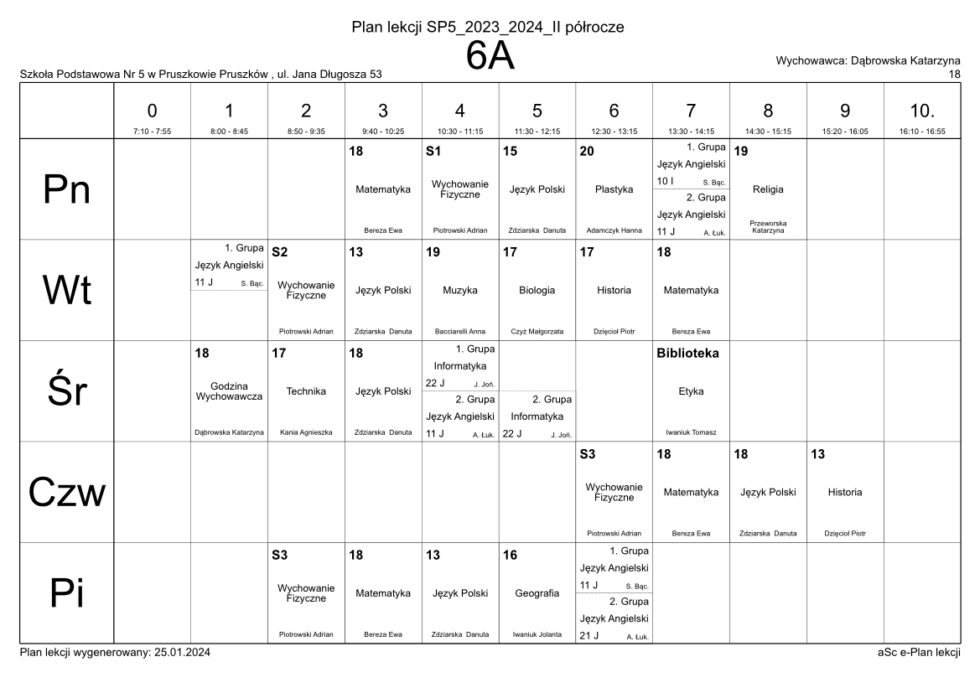 Plan Lekcji | Szkoła Podstawowa nr 5 w Pruszkowie