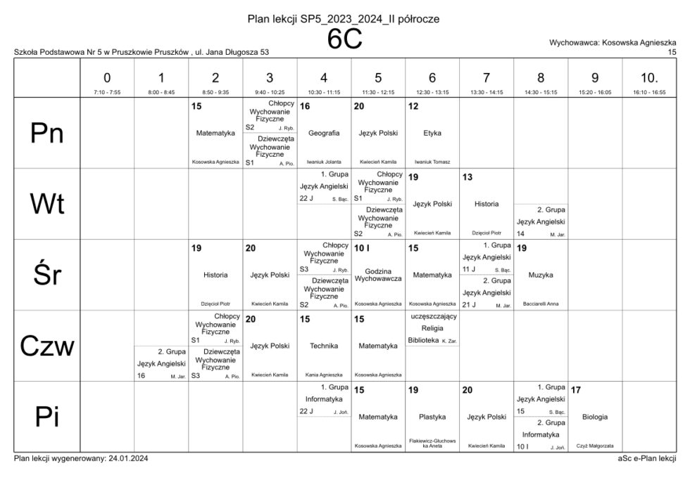 Plan Lekcji | Szkoła Podstawowa nr 5 w Pruszkowie