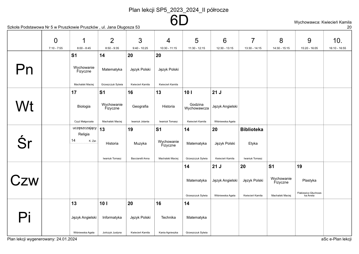 Plan Lekcji | Szkoła Podstawowa nr 5 w Pruszkowie