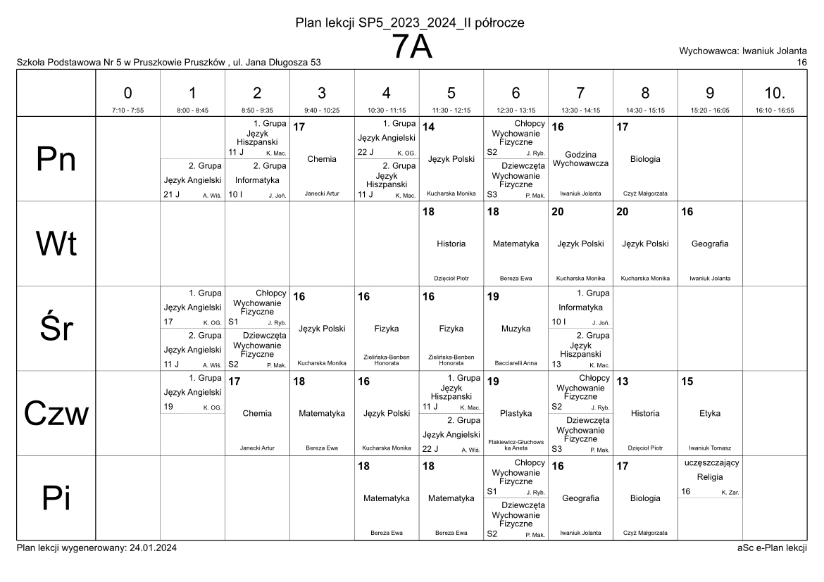 Plan Lekcji | Szkoła Podstawowa nr 5 w Pruszkowie