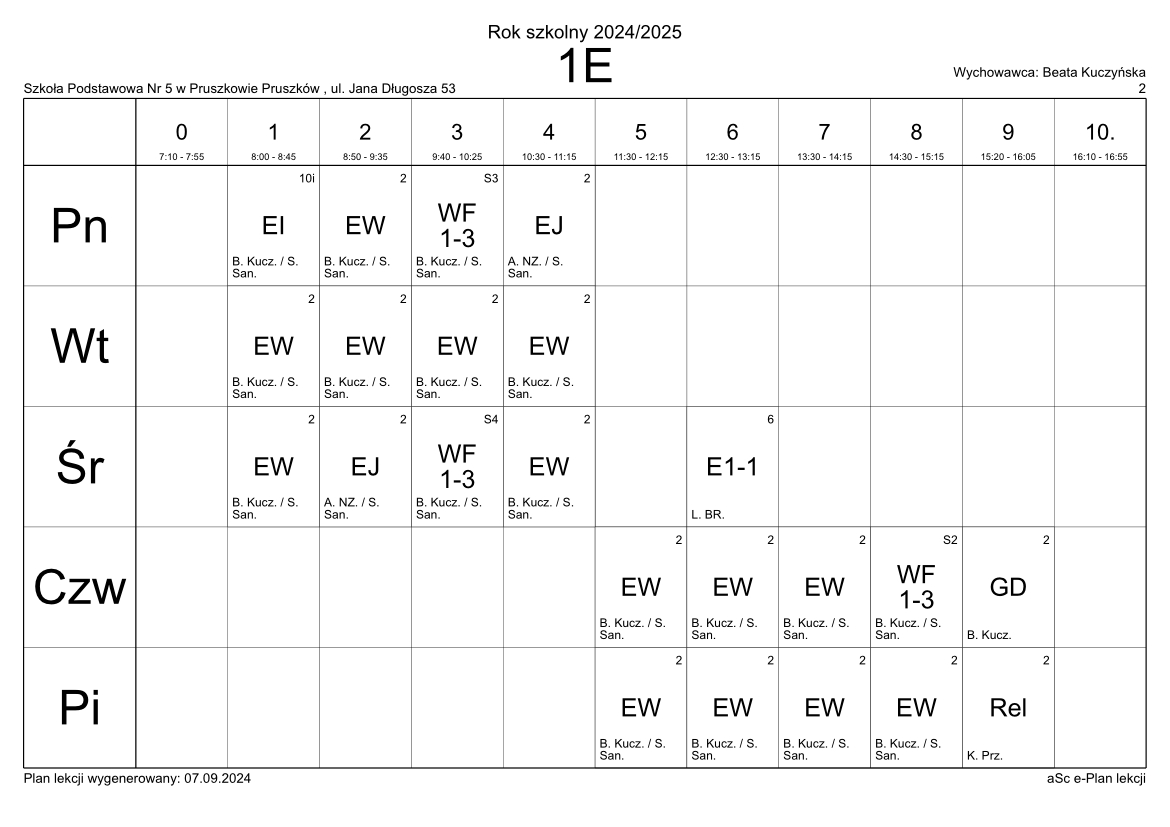 Plan Lekcji | Szkoła Podstawowa nr 5 w Pruszkowie